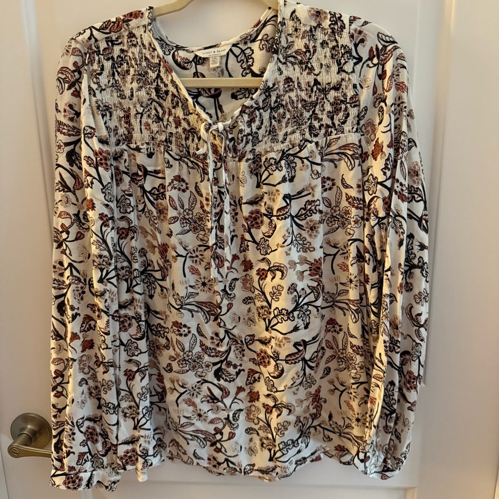 Lucky Brand Size Large Long Sleeve Blouse Floral Paisley Brown